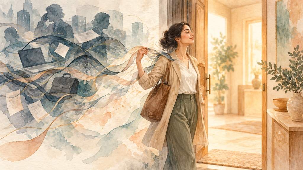 Woman pausing at her front door to take a calming breath and release the day's stress