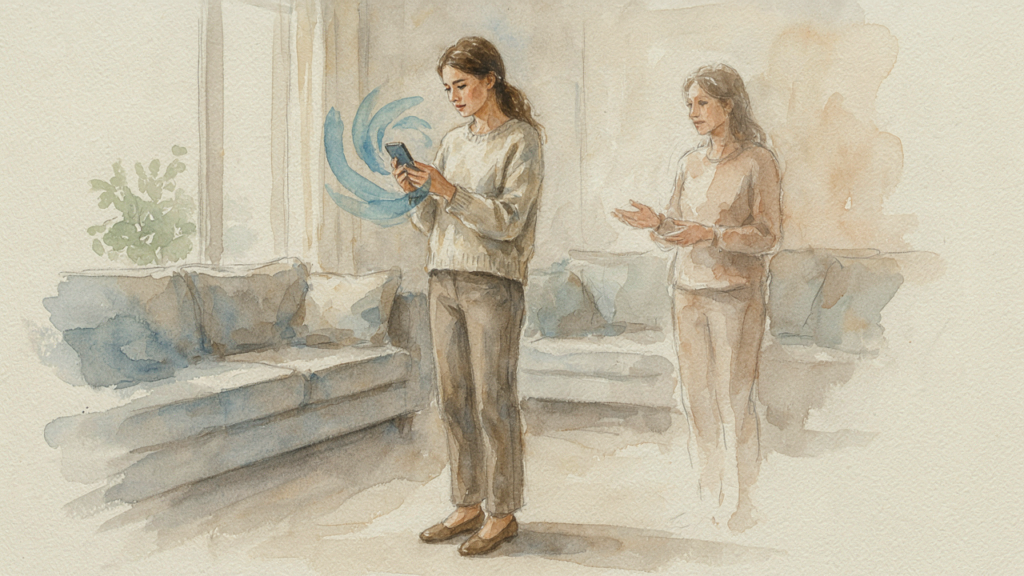 Person confiding in an AI confidant on a phone at night while thinking about human connection