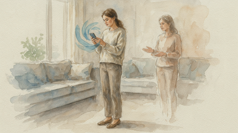 Person confiding in an AI confidant on a phone at night while thinking about human connection